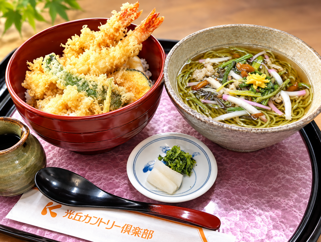 大海老の天丼と山菜茶そば